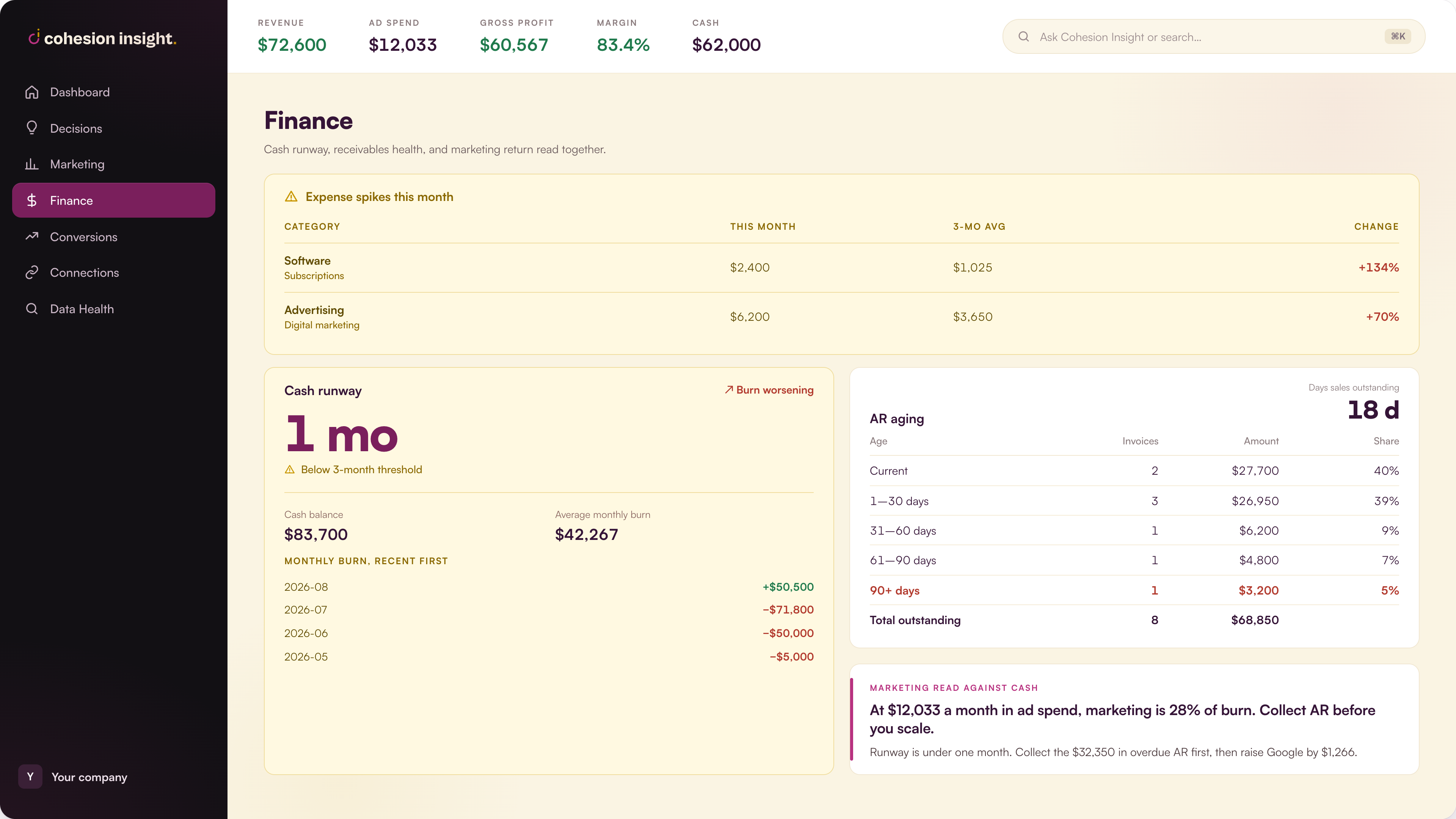 Cohesion Insight finance surface: revenue, ad spend, gross profit, margin, and cash on one screen.