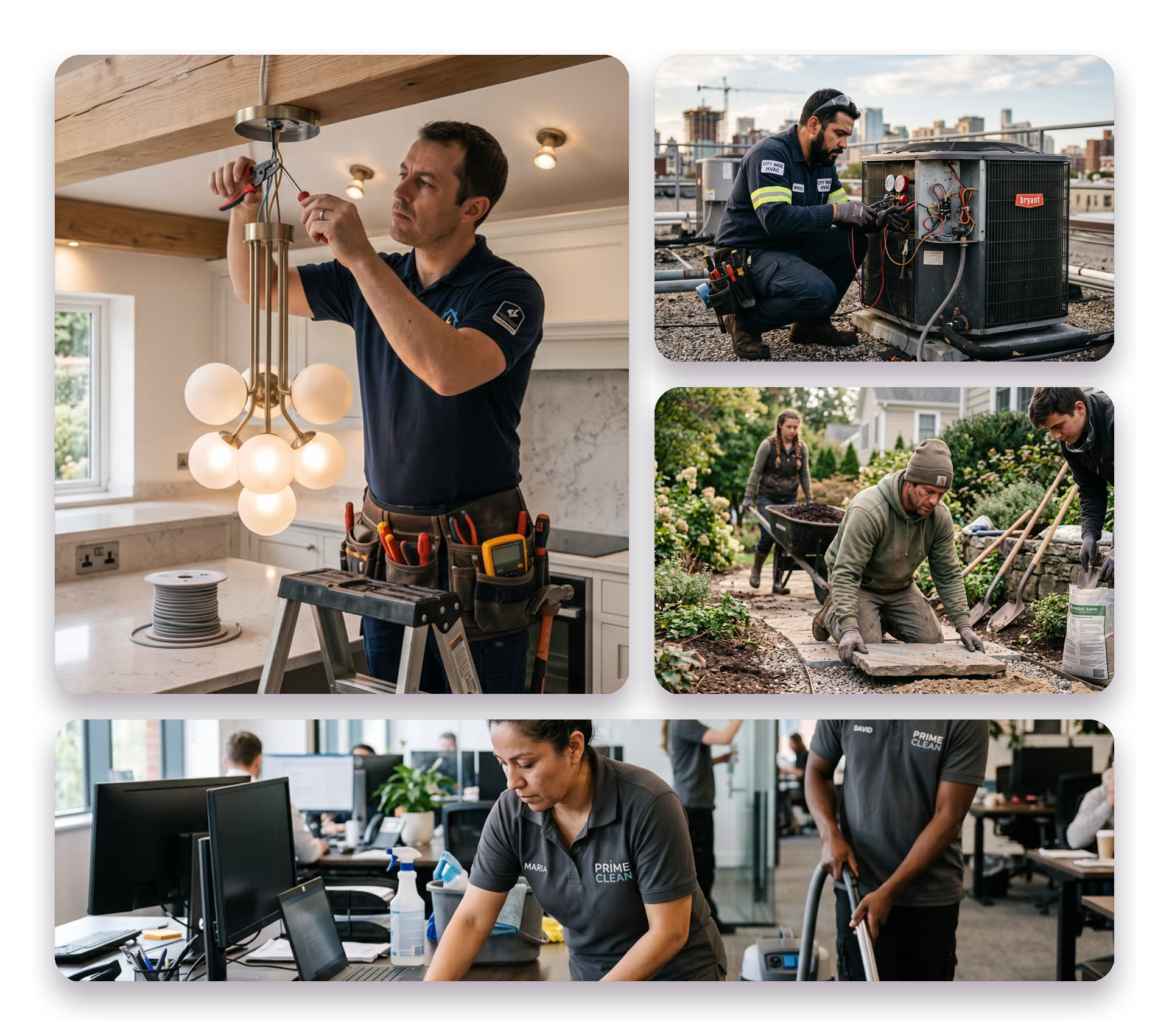 Home services operators at work: an electrician installing a chandelier, an HVAC tech servicing a rooftop unit, a landscaping crew laying a stone path, and a commercial cleaning team in an office.