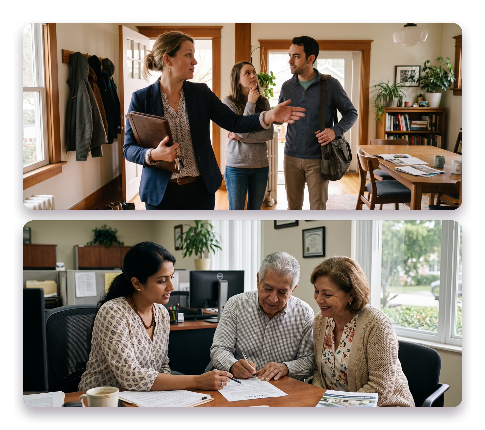 Real estate agents at work: an agent showing a home to a young couple, and an agent walking an older couple through signing a contract in an office.